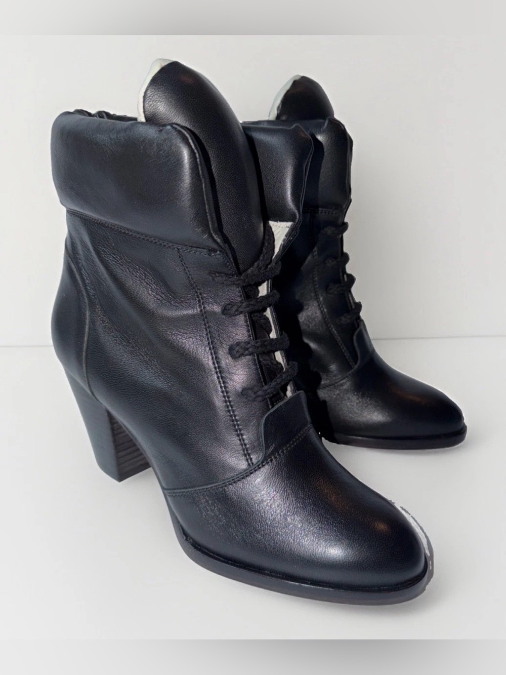 NIB Womens PLOMO Carla Black Leather Witch Granny Boot Heel Lace up EU 38 US 7.5